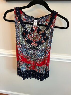 Bila Red and Navy Paisley Ruffled Hem Tank